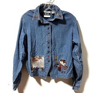 Vintage Bill Blass Blue Denim Embroidered Fall Leaves Chambray Shirt Size Medium